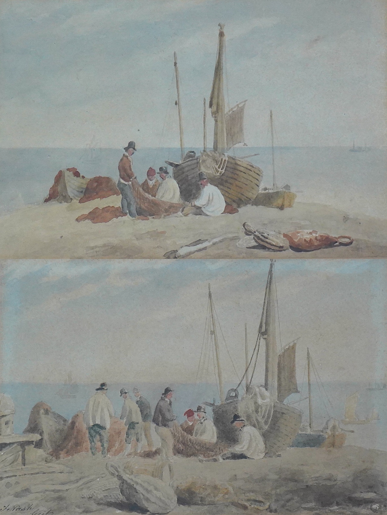 Frederick Nash (British, 1782-1856), Fishermen and boats on Brighton beach, watercolours, a pair, 16.5 x 25cm